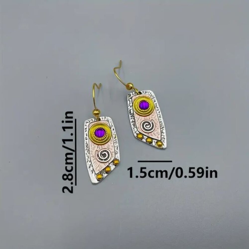 NEW Artisan Mixed Media Silver/Gold Purple Cabochon Boho Drop Earrings - Picture 3 of 3